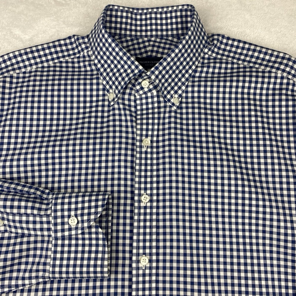 Proper Cloth Dress Shirt Mens 17.5-39.5 Blue/White Gingham Long Sleeves